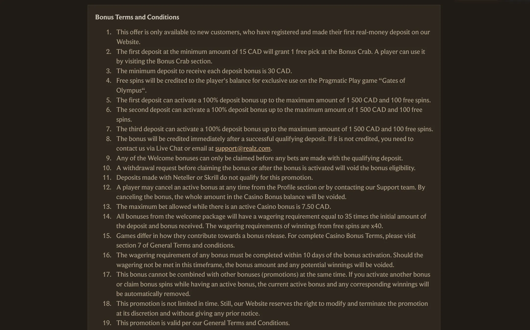 Wagering requirements diagram for Realz Casino bonus funds at 35 times and free spin winnings at 40 times
