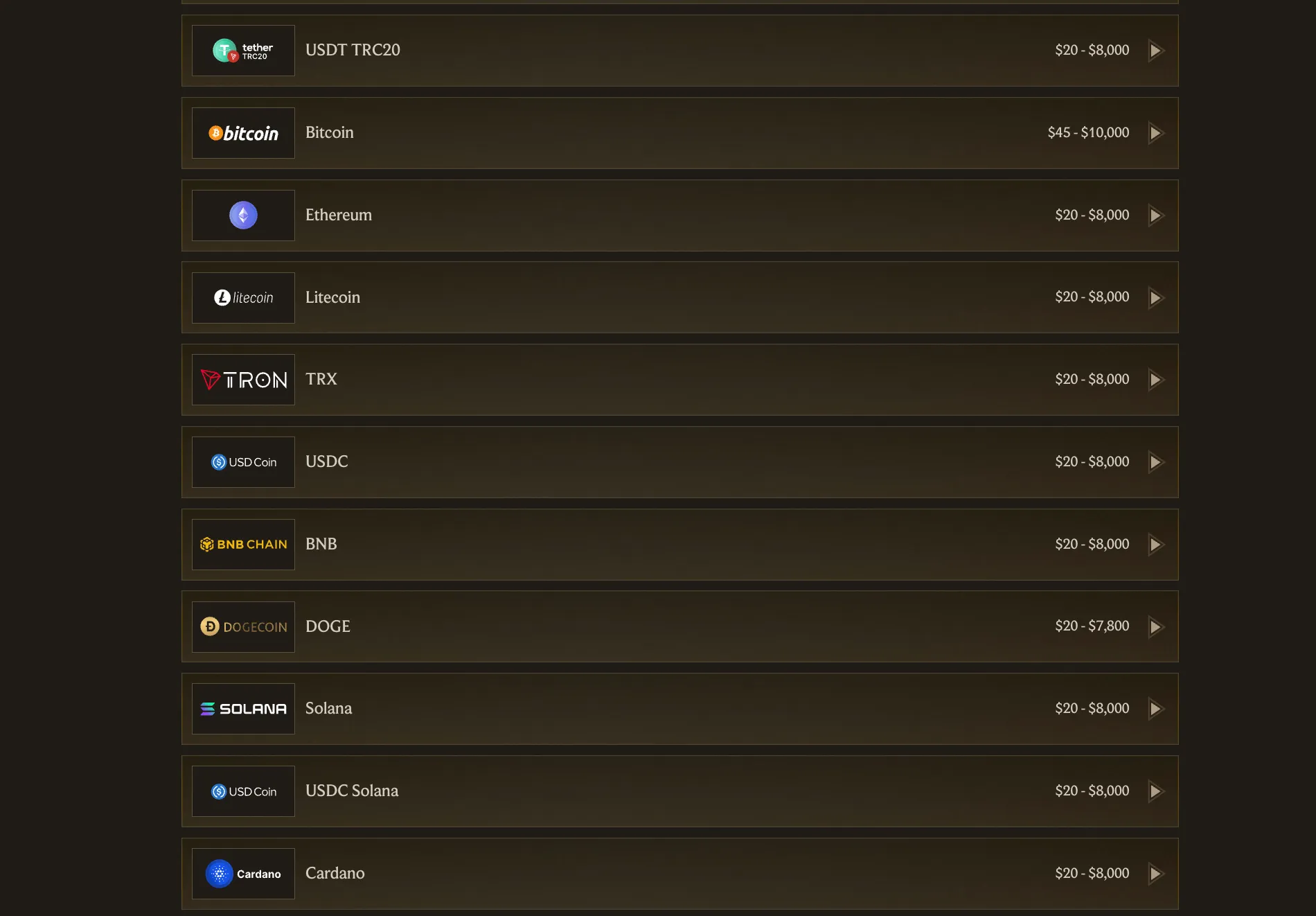 Realz Casino cryptocurrency deposit screen with Bitcoin, Ethereum and USDT options for Canada