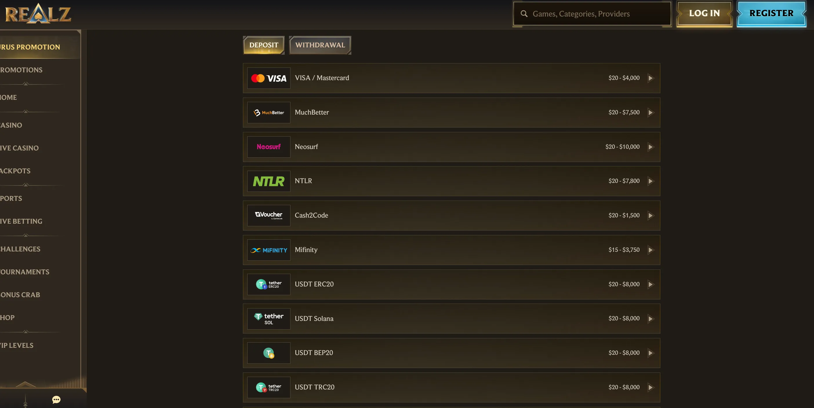 Realz Casino cashier deposit methods list for Canadian CAD accounts showing crypto and e-wallet options
