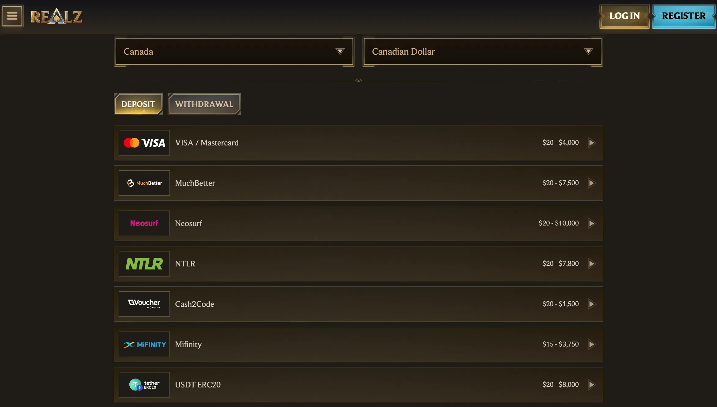 Realz Casino cashier and withdrawal limits for Canadian CAD accounts