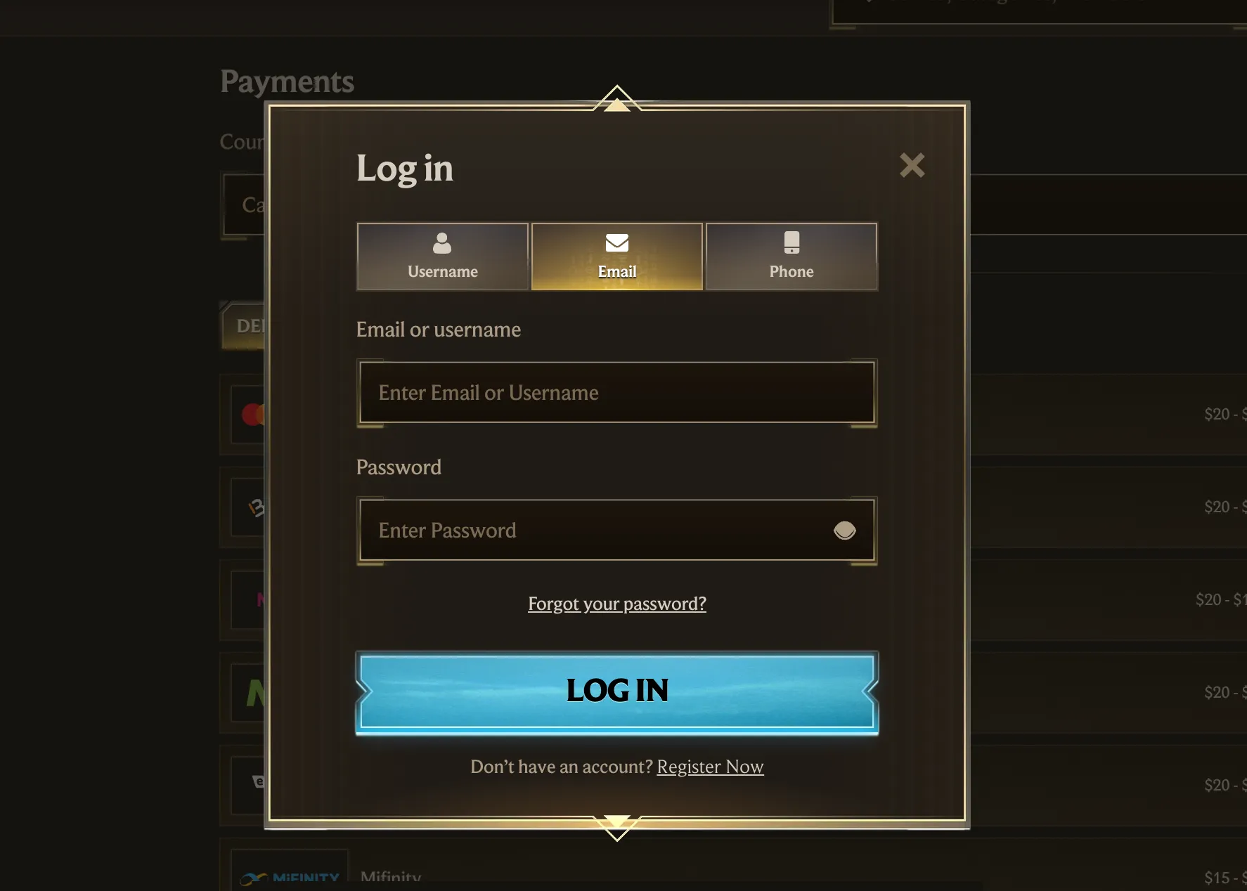 Mobile browser login screen for Realz Casino Canada account access