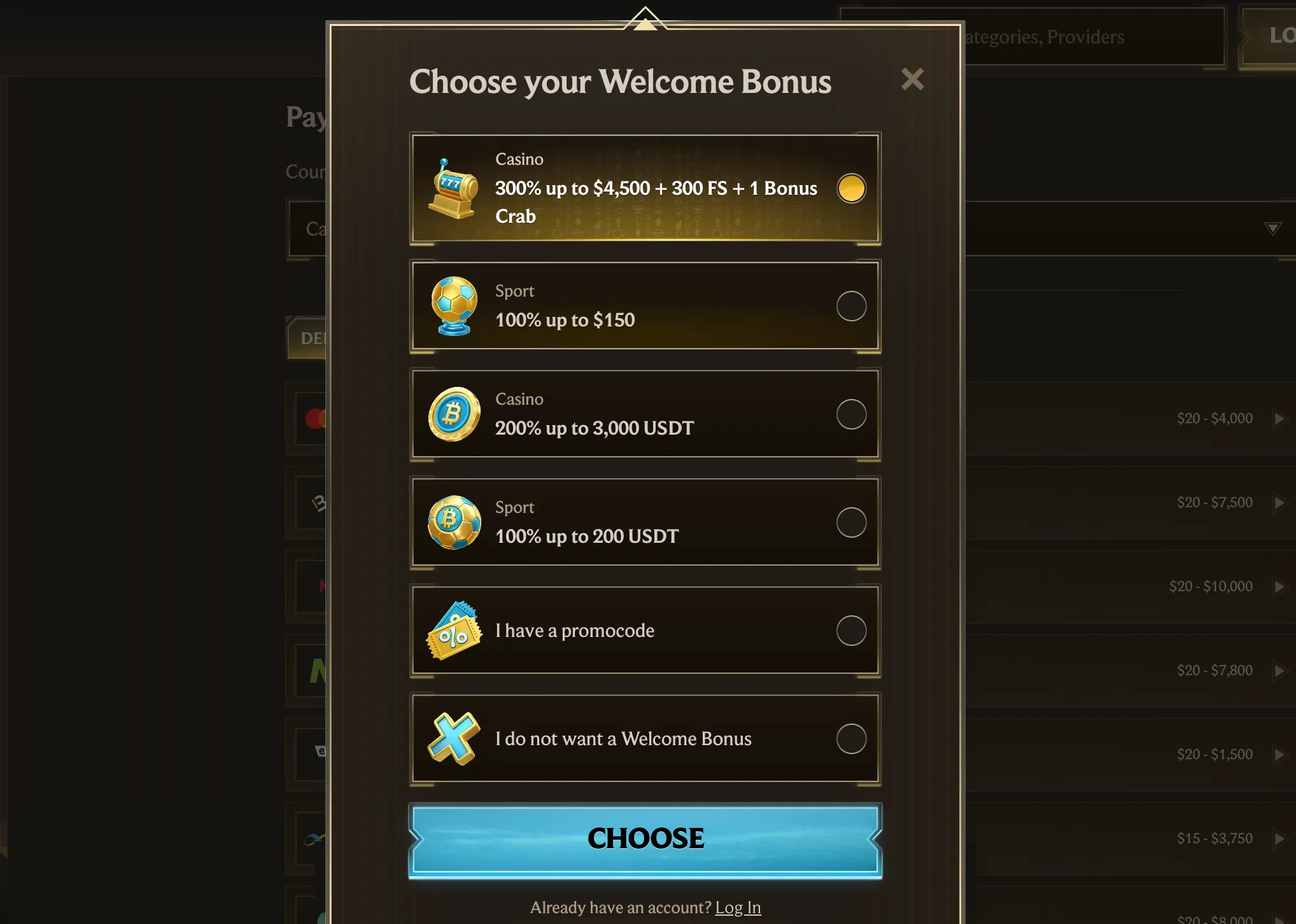 Realz Casino sign-up form on desktop with CAD currency and province fields
